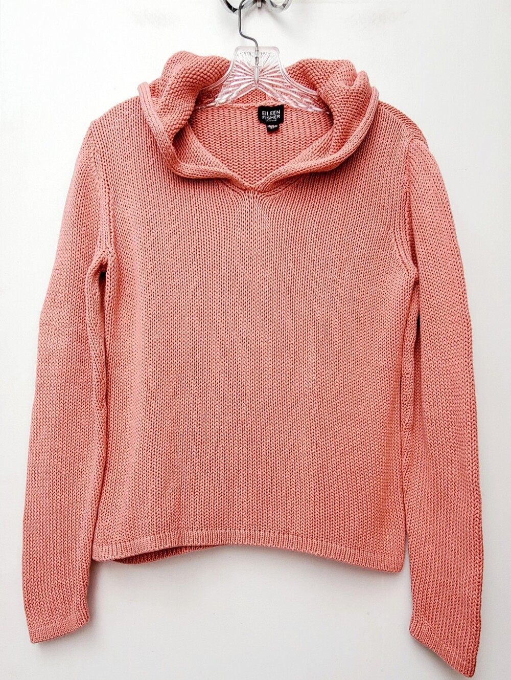 Eileen Fisher Coral Pink Pullover Hoodie Sweater 100% Cotton Size Medium Petite
